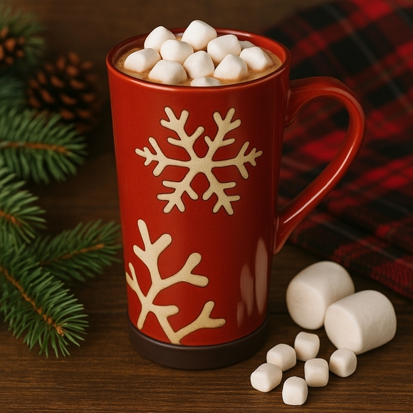 Pier 1 Imports Red Snowflake Latte Mug w/ Removable Silicone Base | Rare Holiday - Picture 1 of 10